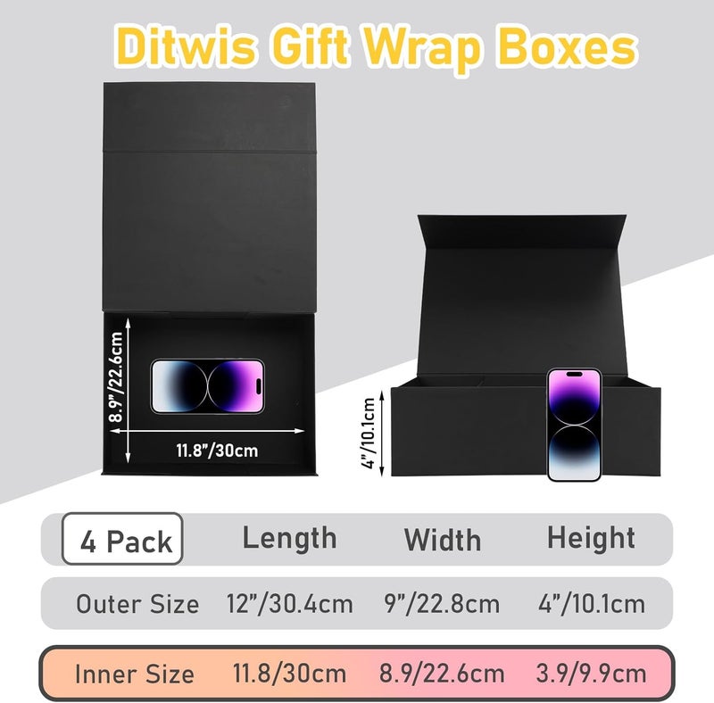 Ditwis 4 Pack 12x9x4 Inches Gift Boxes with Magnetic Closure Lids, Black Magnetic Box for Wedding, Groomsmen Bridesmaid Proposal, Birthdays, Mother's Day - Image 2